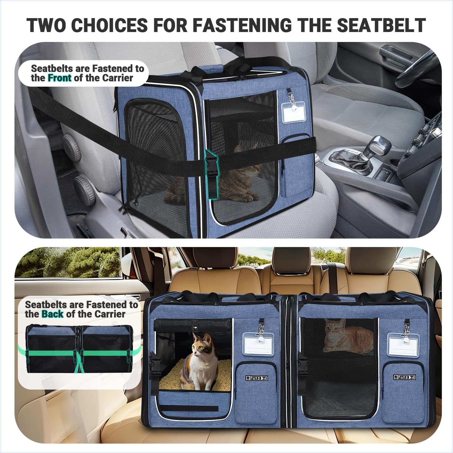 Petskd Combinable Large Cat Carrier with Litter Box for Car Travel, 19"x17"x18" Portable Soft Pet Carrier for 2 Small Cats with Safty Zipper Locks for Vet