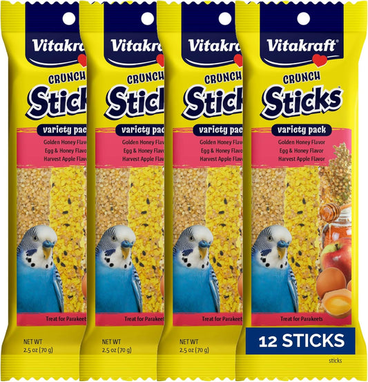 Vitakraft Crunch Sticks Parakeet Treat - Triple-Baked Millet Parakeet Treats with Natural Wood Center - Crunchy & Nutritious Bird Treat Sticks for Small Animals (12 Count, Honey, Egg, and Apple)