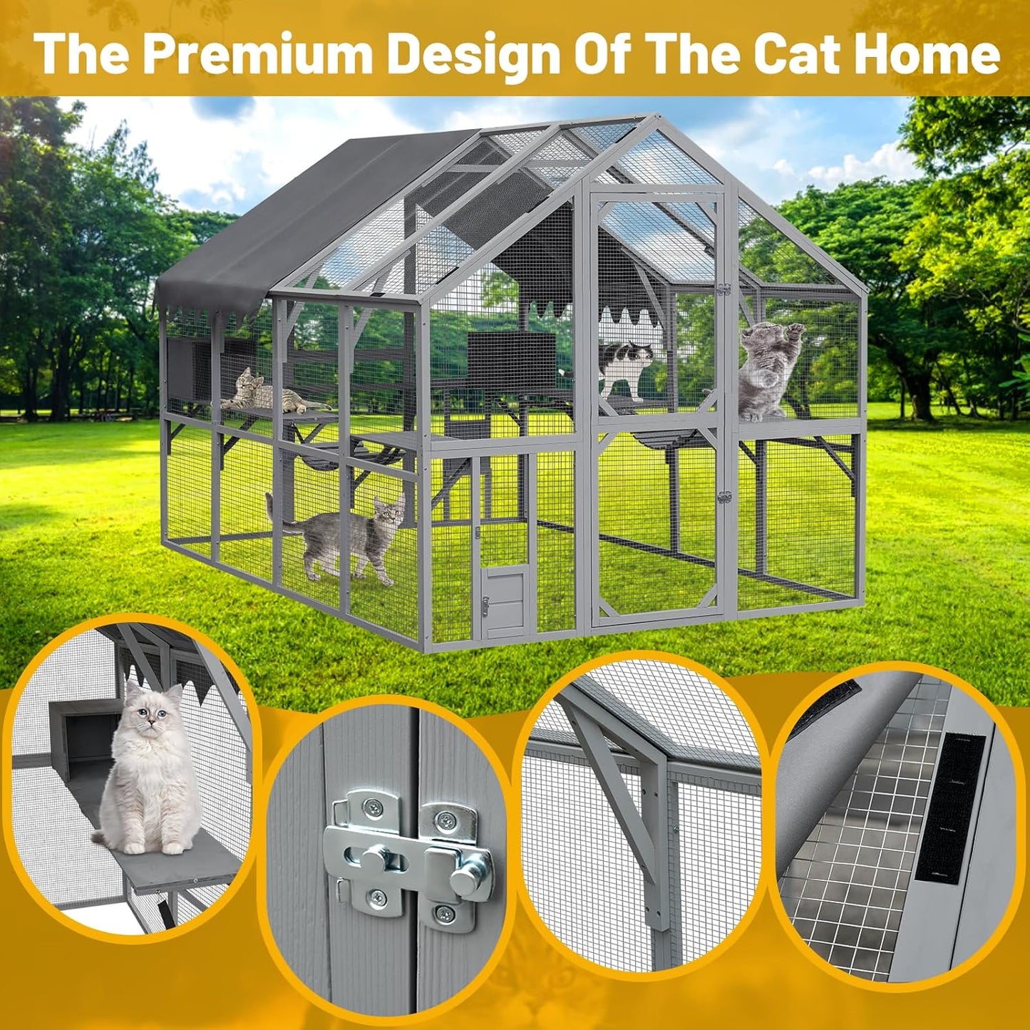 110" Large Outdoor Cat House Catio, Wooden Cat Enclosure for Multiple Cats with Platforms, Resting Box and Bridges, Feral Cat Shelter Kitten Playpen w/Waterproof & UV Proof Canopy, Grey