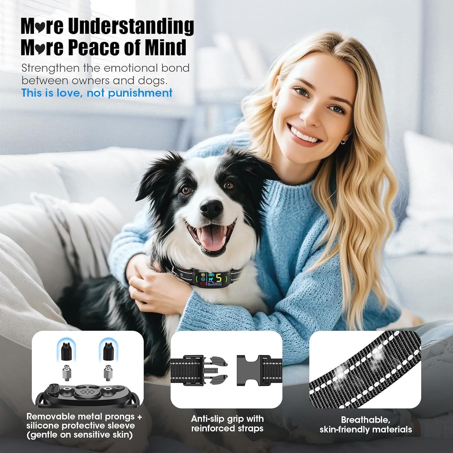 Smart AI Bark Collar for Large Medium Small Dogs, Anti Barking Device with 5 Training Modes, Exclusive Forced Bark-Stopping, Rechargeable IP67 Waterproof Bark Collar with 5 Sensitivity (Black)