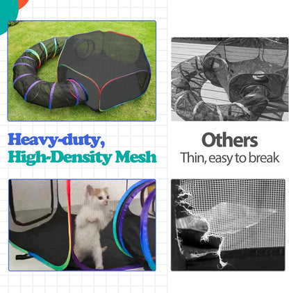 Outdoor Cat Enclosures, Portable Rainbow Catio Playground with Storage Bag & 4 Tent Stakes for Cats and Small Animals, Foldable Cat Playpen with Tunnel for Outside and Indoor Play