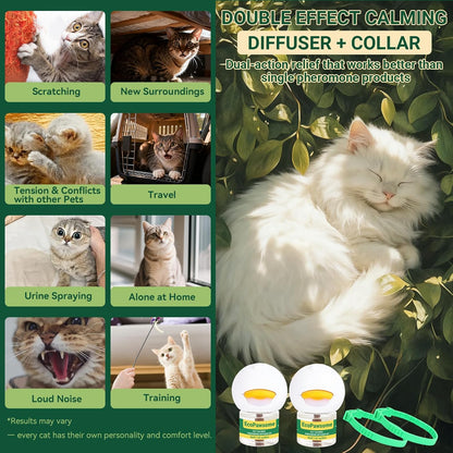 6 in 1 Cat Calming Pheromone Kit, 2 Pack Cat Calming Diffuser for Indoors Stress, 2 Pack Calming Collar for Cats to Comfort Anywhere, Dual-Action Calming to Reduce Anxiety,Scratching(120 Days Green