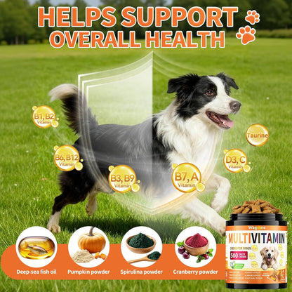 Dog Multivitamin, 500 Crunchy & Tasty Chew - Supports Daily Energy, Heart Health, Skin & Coat with Taurine, Krill Oil Omega-3, B Complex Vitamins & Zinc - Daily Multivitamin for All Breeds & Ages