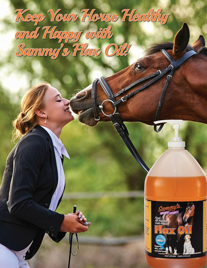 Sammy's Shiny Coat Flax Oil for Horses, Pure Flaxseed Oil for Horse, Rich in Omega-3 Fatty Acids, Flax Oil Horse Supplement for Skin and Coat, Immune, Cardio and Joint Support, 1 Gallon with Free Pump