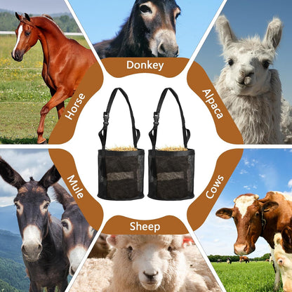 2 Pcs Horse Feed Bag Comfort Breathable Mesh Feed Bucket Heavy Duty Feed Bag with Adjustable Strap and Waterproof Bottom for Horse Feeding Supplies Muzzle Feed Bag, Medium (Black)