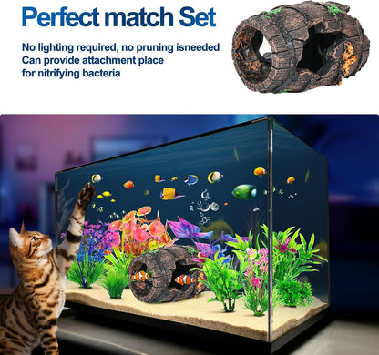 CousDUoBe Fish Broken Barrel Decor Fish Tank Decorations Betta Fish Tank Accessories,Starfish Barrel x 1pc, Aquarium Plants x 8pcs