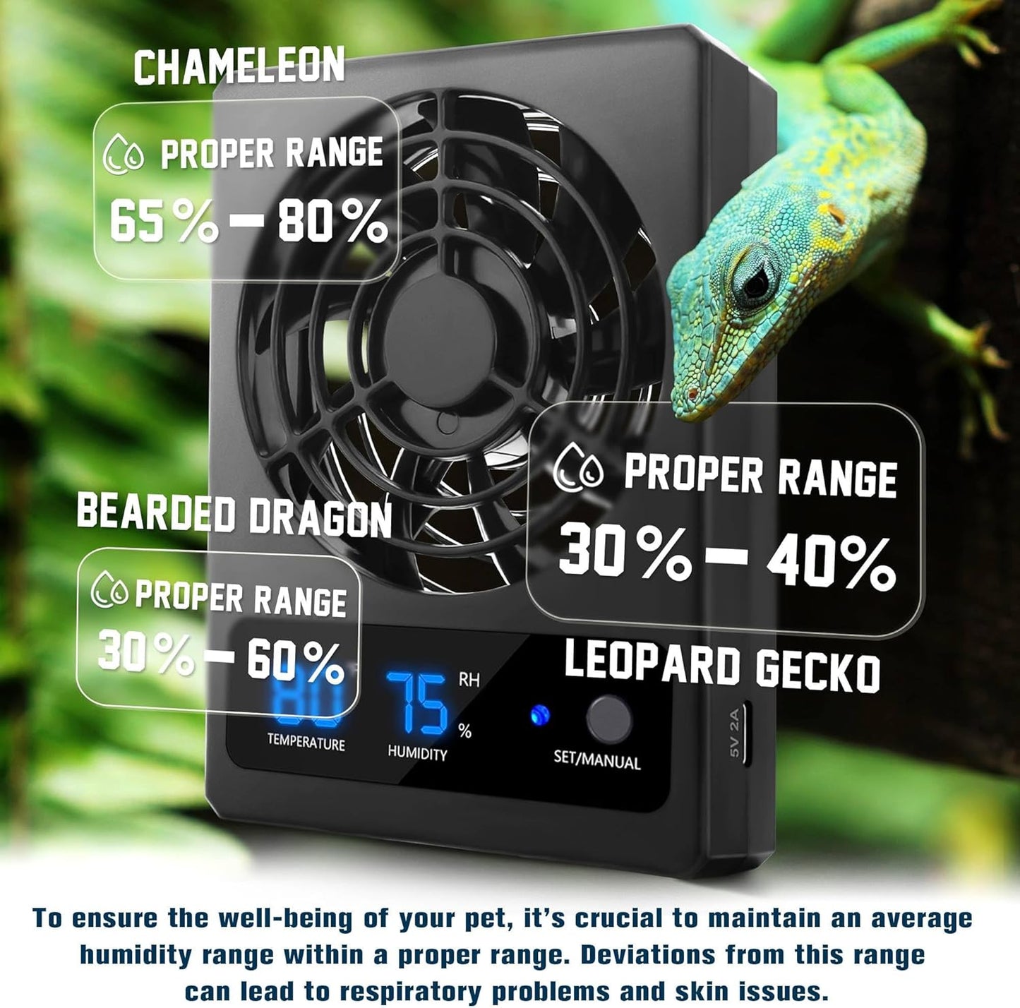 Reptile Ventilation Fan with Humidity Sensor and High-Temp Alarm, Fan Dehumidifier for Reptile Enclosure and Terrarium, Suitable for Humid Environments, Rainforest and Ecological Tanks