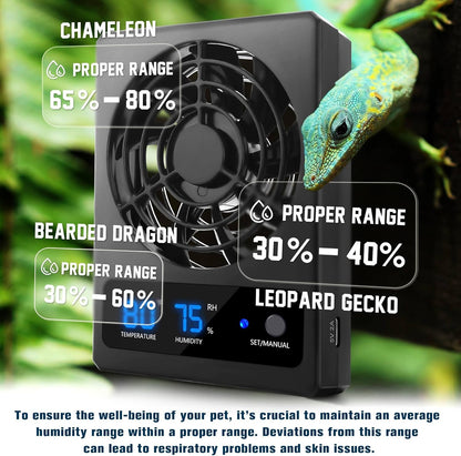 Reptile Ventilation Fan with Humidity Sensor and High-Temp Alarm, Fan Dehumidifier for Reptile Enclosure and Terrarium, Suitable for Humid Environments, Rainforest and Ecological Tanks