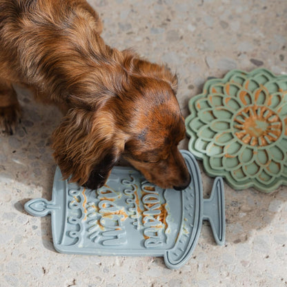 Enrichment Lick Mat: Seafoam Bark Day Bash - Grooved Silicone Dog Feeding Dish, Spread Food-Treats onto The Mat, Pet Soothing, Suction Back
