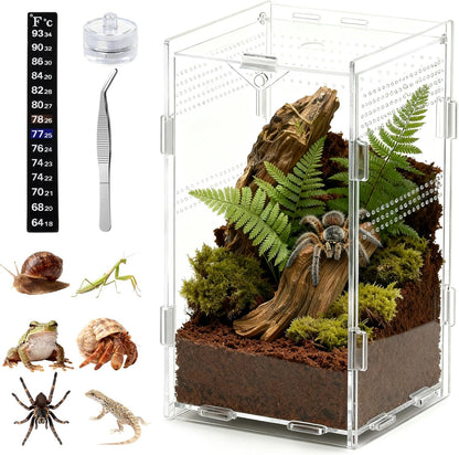 Acrylic Jumping Spider Enclosure Starter Kit-Small Reptile，Insect Terrarium & Spider Tank,Magnetic Door, All-Side Vent, Pre-Assembled for Spiderling,Mantis,Tarantula, Snail, (7.8 * 4.7 * 4.7)