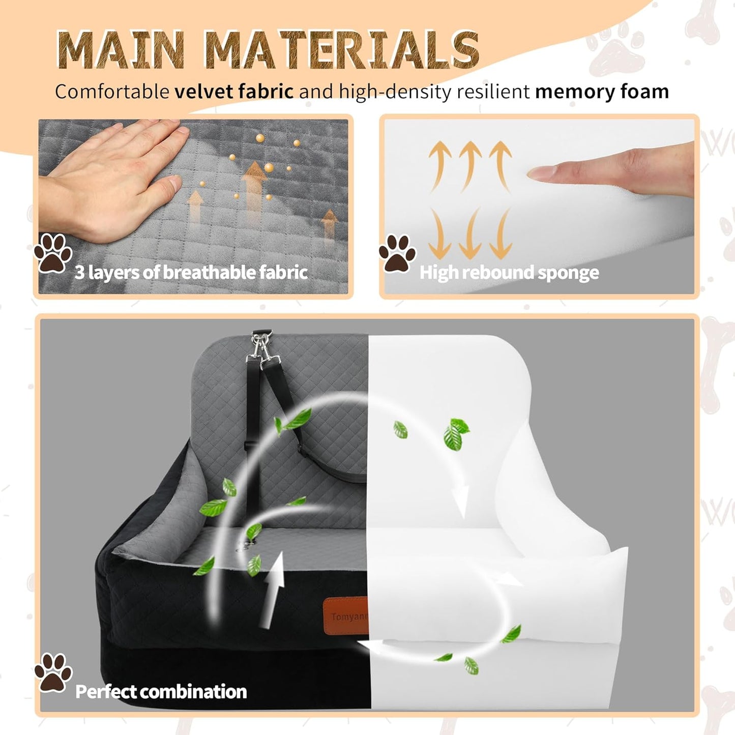 Dog Car Seat for Medium/Large Dogs Under 50 lbs,Contains 4 Inches of Memory Foam Pet Booster Seat with 2 Safety Leashes,Detachable & Washable Car Bed，Multi-Functional Pet Travel Bed with Pockets