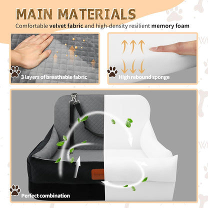 Dog Car Seat for Medium/Large Dogs Under 50 lbs,Contains 4 Inches of Memory Foam Pet Booster Seat with 2 Safety Leashes,Detachable & Washable Car Bed，Multi-Functional Pet Travel Bed with Pockets