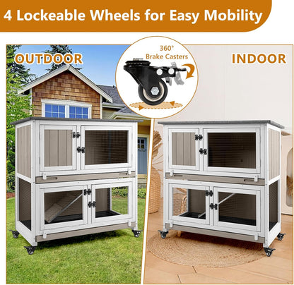 2 Story Rabbit Hutch Indoor & Outdoor, Wooden Rabbit Cage with 2 Leak-Proof Pull-Out Trays, 4 Wheels, Ramp, Chew-Anti Metal Strip for Rabbit, Guinea Pig, Hamster (36" L x 17.8" W x 36.7" H)