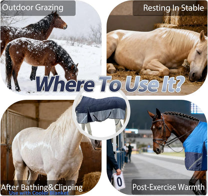 300g Fill 1200D Mid-Heavy Weight Winter Waterproof and Breathable Horse Blanket Belly Straps| Turnout Blankets with Reflective Strips (Black/Gray, 66'')