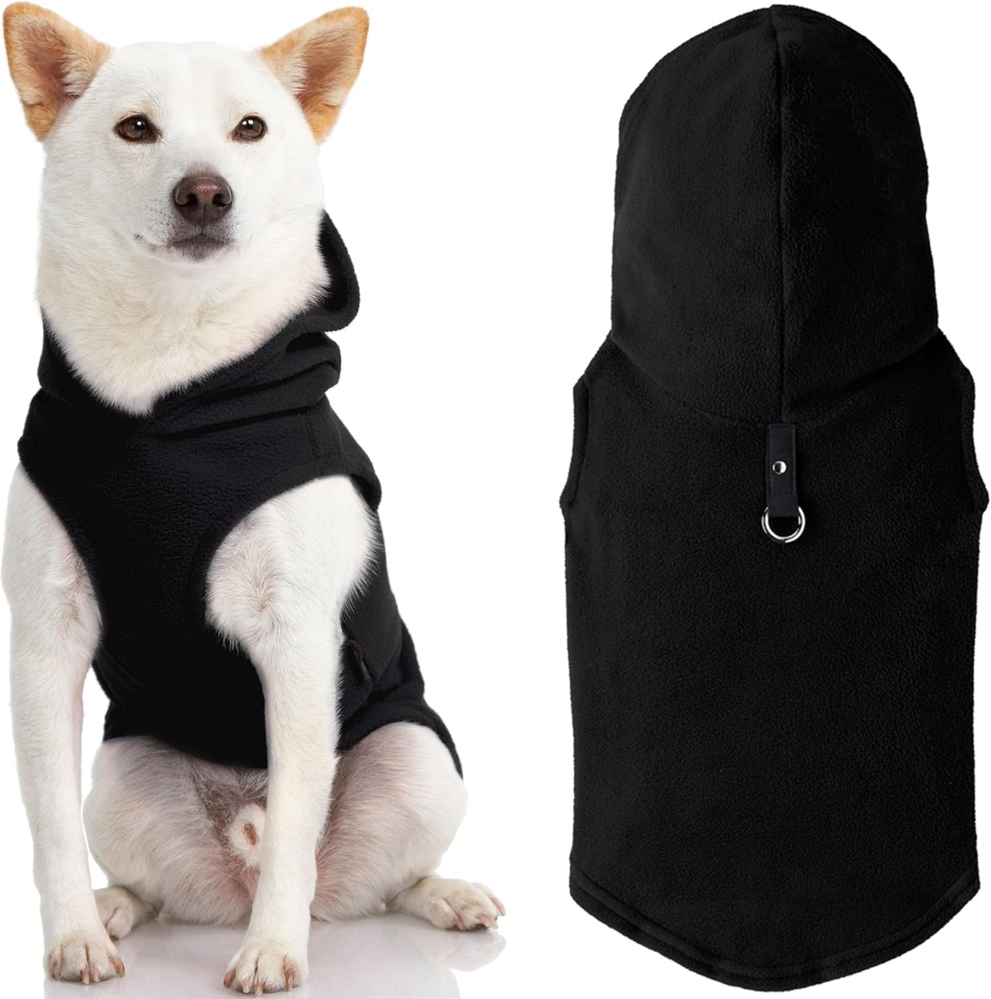 Gooby Fleece Vest Hoodie Dog Sweater - Black, Medium - Warm Pullover Dog Hoodie with O-Ring Leash for Small to Medium Dogs