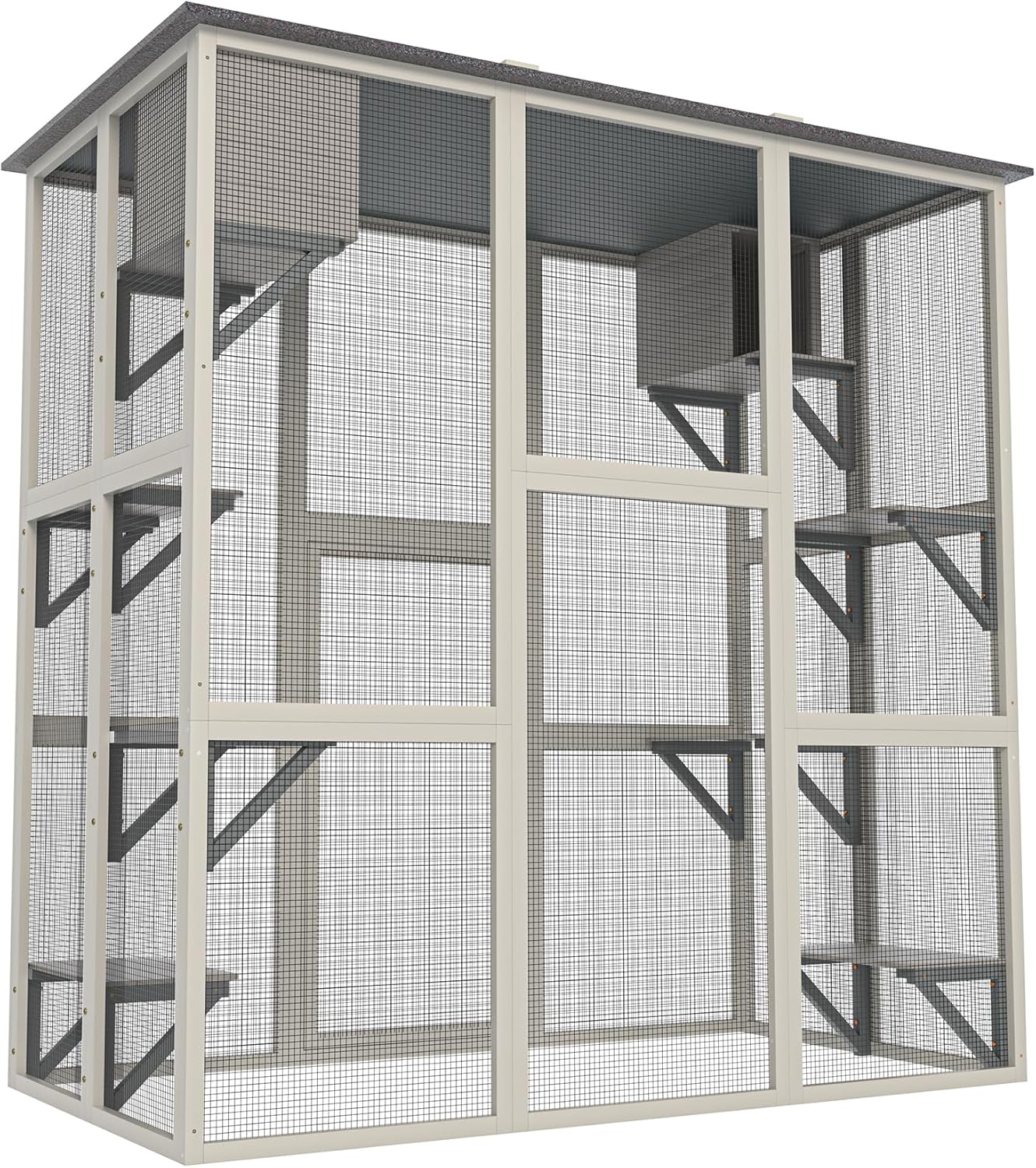 Wooden Catio Outdoor Cat Enclosure,71" H Outdoor Cat House W/ 8 Jumping Platforms & 2 Napping Houses,Walk-in Cat Patio Enclosure W/ 2 Safety Latches Doors & Weatherproof Asphalt Roof,Gray