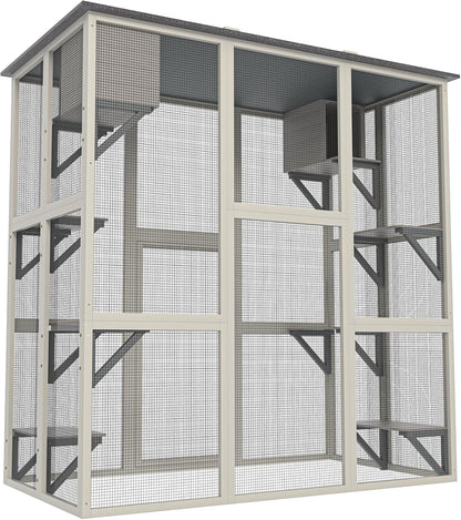 Wooden Catio Outdoor Cat Enclosure,71" H Outdoor Cat House W/ 8 Jumping Platforms & 2 Napping Houses,Walk-in Cat Patio Enclosure W/ 2 Safety Latches Doors & Weatherproof Asphalt Roof,Gray