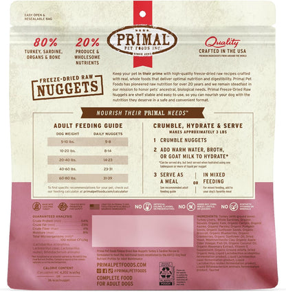Primal Freeze Dried Raw Dog Food Nuggets, Turkey & Sardine, Complete & Balanced Meal, Also Use as Topper or Treat, Premium, Healthy, Grain Free, High Protein Raw Dog Food, 14 oz (Pack of 2)