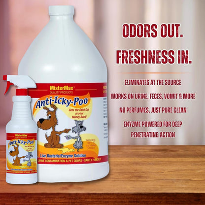 Mister Max Anti Icky Poo Pet Urine Enzyme Cleaner & Feces Odor Remover, Enzymatic Cleaner for Dog & Cat Urine, Pet Odor Remover Spray, 1 Gallon & Quart Size Original Scent
