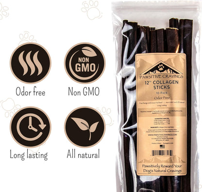 Collagen Sticks - 12 Inch Beef Collagen Sticks for Dogs - Collagen Chews for Dogs - Long Lasting Collagen Sticks for Small Dogs - Supports Healthy Joints, Skin & Coat - Pack of 10