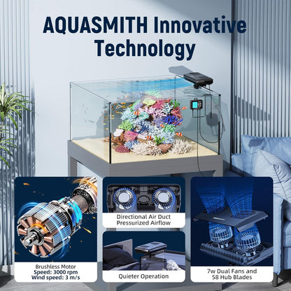 Aquarium Chiller Fan,Fish Tank Cooler with Temperature Control,Minimum Setting 59℉,Auto Start/Stop,Refrigeration Effect 3-7℉,3-Speed Modes,for Axolotl Seawater Freshwater Coral Grass Tank