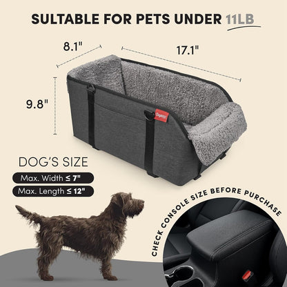 BurgeonNest Center Console Small Dog Car Seat - Portable Pet Cat Puppy Booster Armrest Carseat Up to 11lbs, Anti-Collapse Comfort Car Travel with Washable Fluffy Cushion and Pillow, Grey