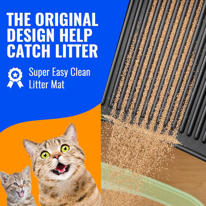 Easy Clean Litter Mat: Grooved Design Large Litter Trapping Mat Easy to Clean – Urineproof Surface Cat Box Rug with Raised Edges for Cats with Urinary Issues (Black, 31”x24”)