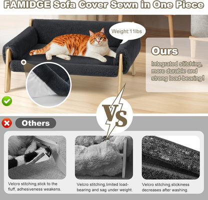 Elevated Cat Couch Bed for Indoor Cats - Wooden Pet Sofa with Removable Washable Thick Cover Raised Kitty Lounge Chair Suitable for Puppy or Small Animals(Cat Sofa Dark-Grey)