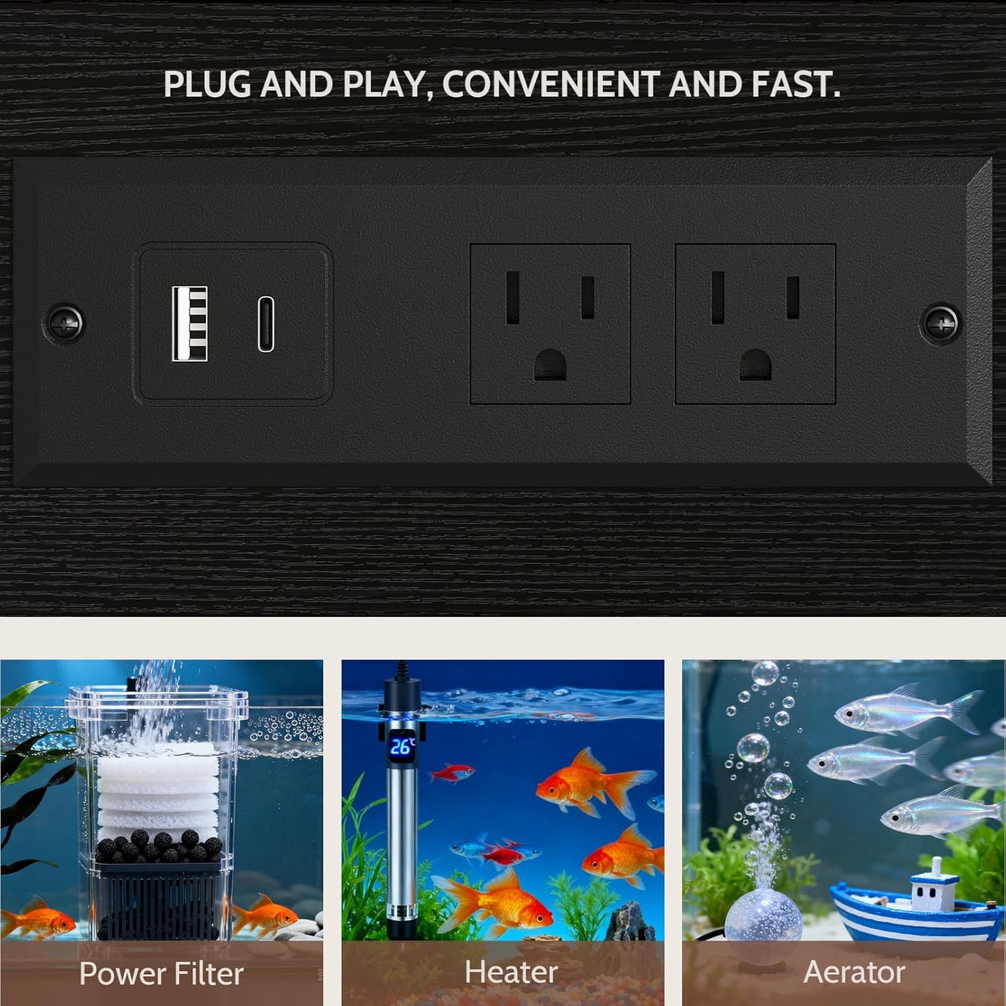 40-50 Gallon Fish Tank Stand with Power Outlet, Aquarium Stand with 3-Tier Adjustable Storage Shelves, Fish Stand with Storage Drawers, 36.6"*18.9" Tabletop (Black)