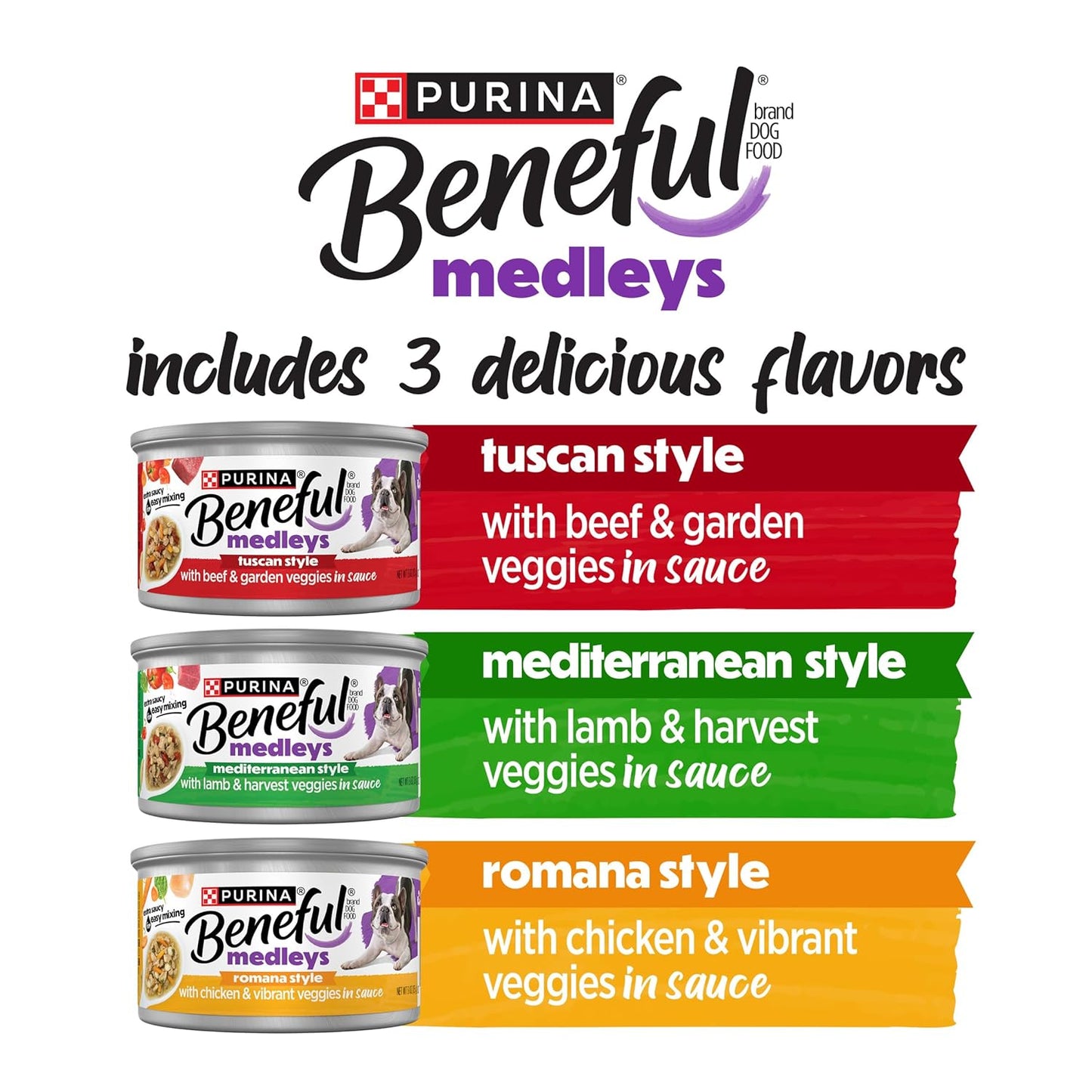 Purina Beneful Medleys Wet Dog Food Variety Pack with Tuscan, Romana, and Mediterranean Style Dog Food in Dog Gravy, 30 Pack - (Pack of 30) 3 oz. Cans