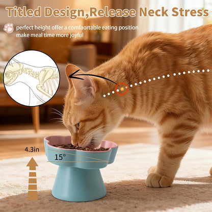 Tilted Cat Bowl, Flower-Shaped Ceramic Slow Feeder Cat Bowl, Raised Pet Bowl for Whisker Relief, Prevents Vomiting & Bloating, Non-Slip Base, Easy to Clean for Dry/Wet Food (Yellow & Beige)