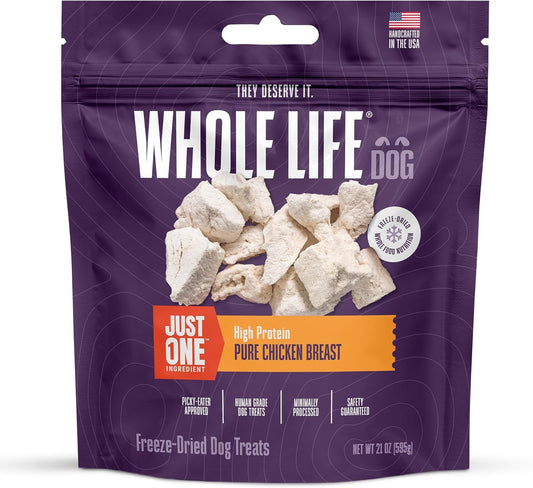 Whole Life Dog Just One Chicken Freeze Dried Dog Treats - Human Grade High Protein Food, Healthy Training Snacks, Freeze Dried Food Toppers, USA Made Natural Treats - 21 oz (Value Pack of 1)