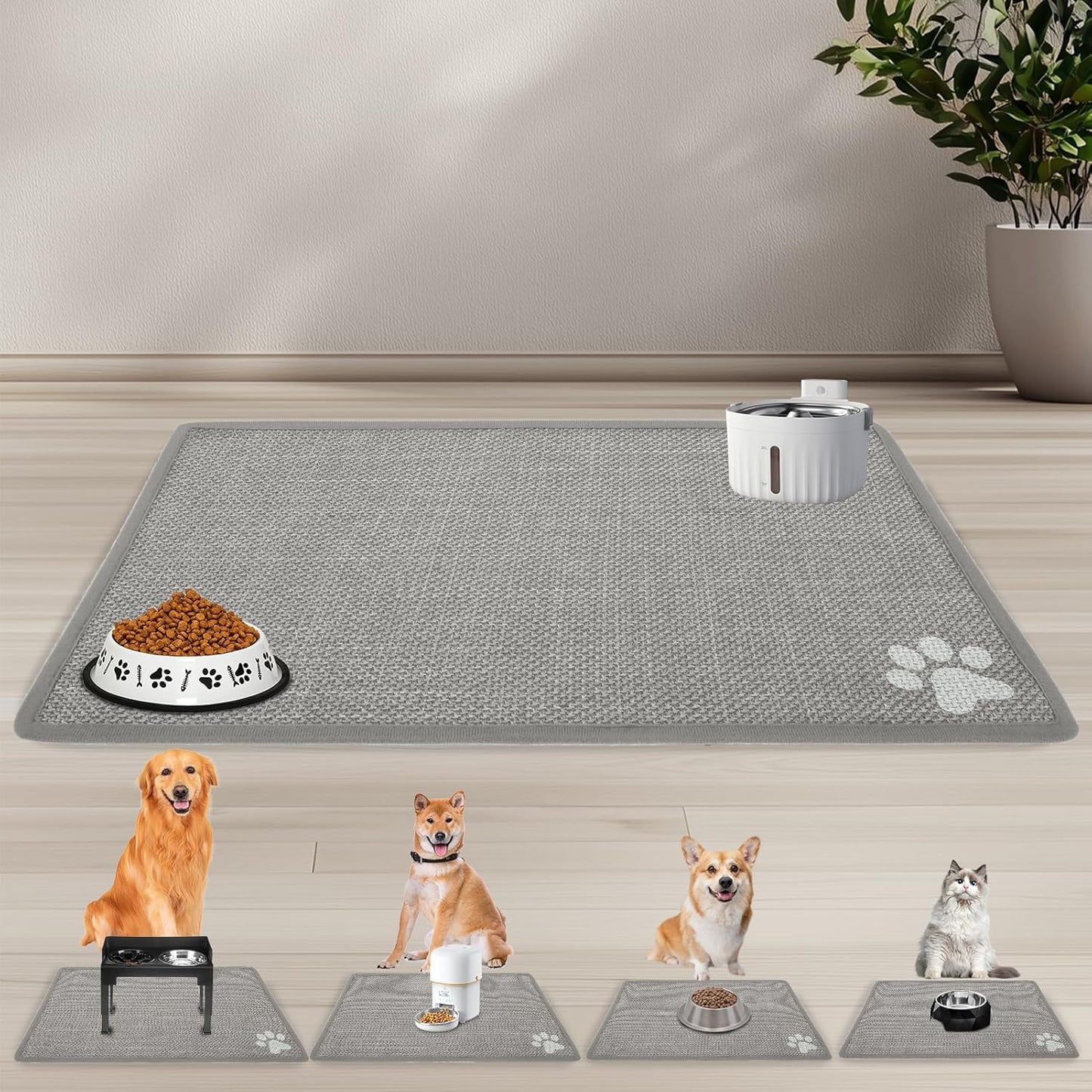 PUPTECK Dog Food Mat, Absorbent Pet Cat Feeding Mat for Food and Water Bowls, Anti-Slip Dog Placemat for Floors Waterproof, Pet Supplies Accessories, Grey Paw S