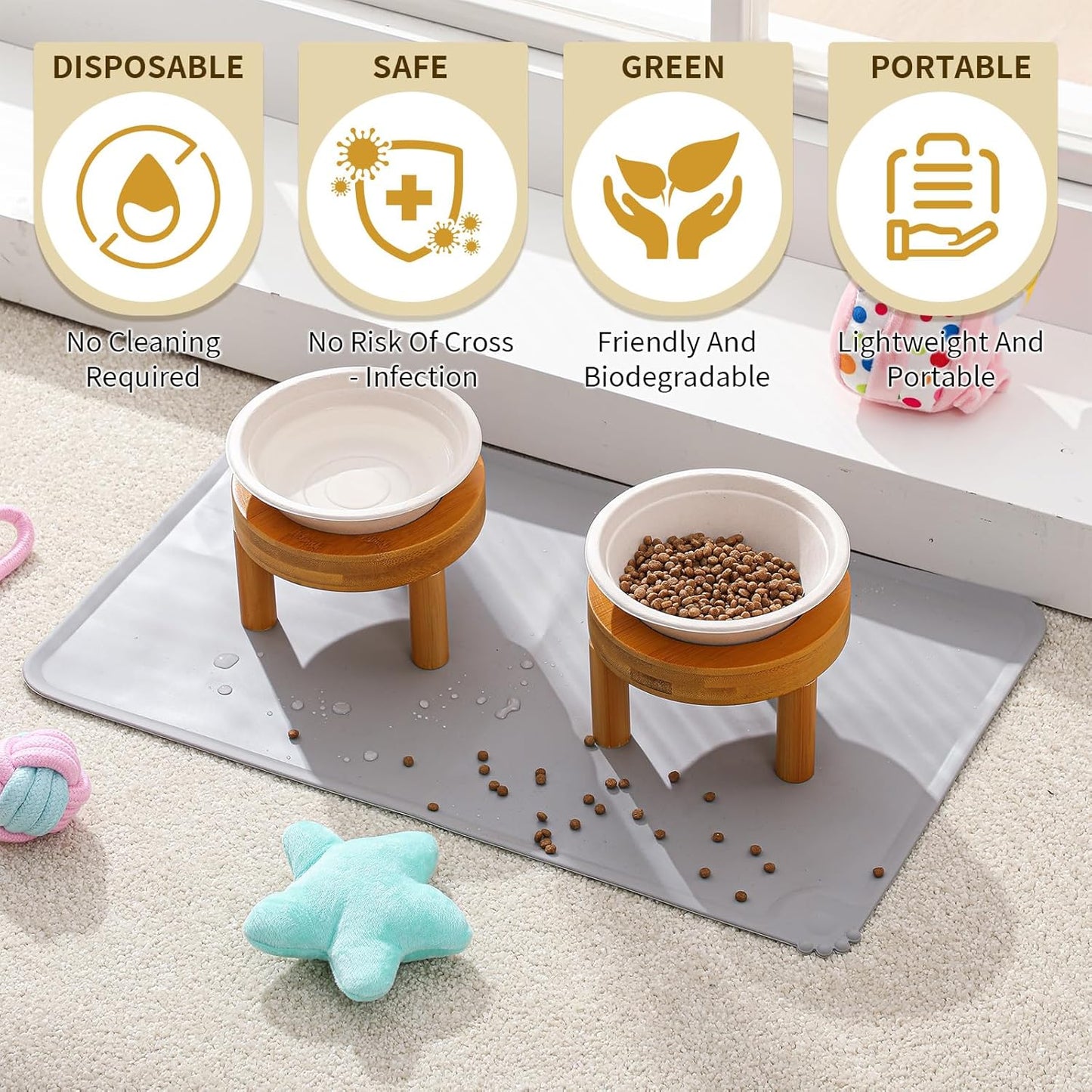 LemonRoad 53 Pcs Disposable Cat Bowls with Food Mat 50 Compostable Disposable Pet Bowls 2 Elevated Wooden Stand Cat Food and Water Dishes for Cats Puppies Travel Camping Outdoor Use
