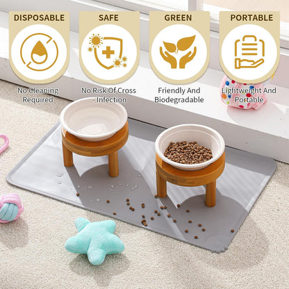 LemonRoad 53 Pcs Disposable Cat Bowls with Food Mat 50 Compostable Disposable Pet Bowls 2 Elevated Wooden Stand Cat Food and Water Dishes for Cats Puppies Travel Camping Outdoor Use