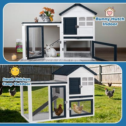 Bunny Hutch Indoor Outdoor Rabbit Cage Chicken Coop Animal House with Wire Floor Above Pull-Out Tray, Chew-Resistant Ramp & Entrance, Openable Waterproof Roof & UV-Resistant Roof