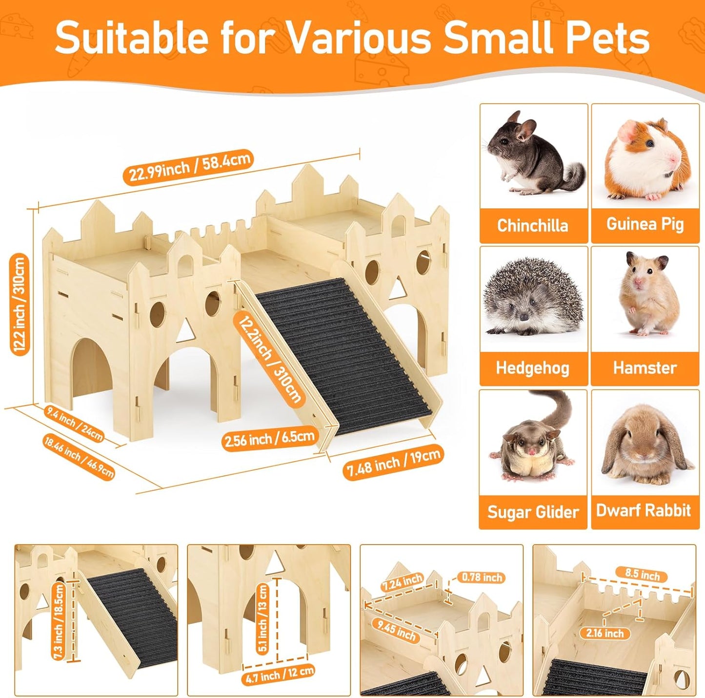 Guinea Pig Hideout House, Advanced Wooden Hamster Hideout with Climbing Ladder & Rest Zone, Bunny Castle Tower Toy for Guinea Pig Chinchilla Gerbil Hedgehog Small Animal House Habitat Hut