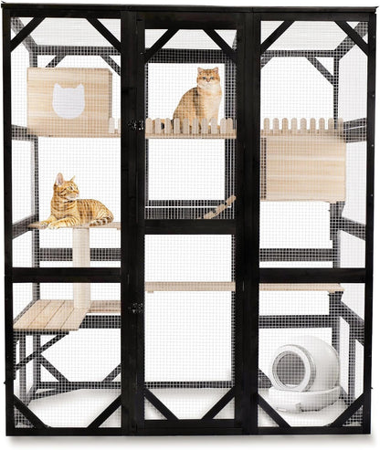 FunXplore Large Catio Outdoor Cat Enclosure Window 73" H Walk-in Cat House Kitty Cage for Multiple Indoor Outdoor Cats Outside Patio with 5 Access Doors Waterproof Roof