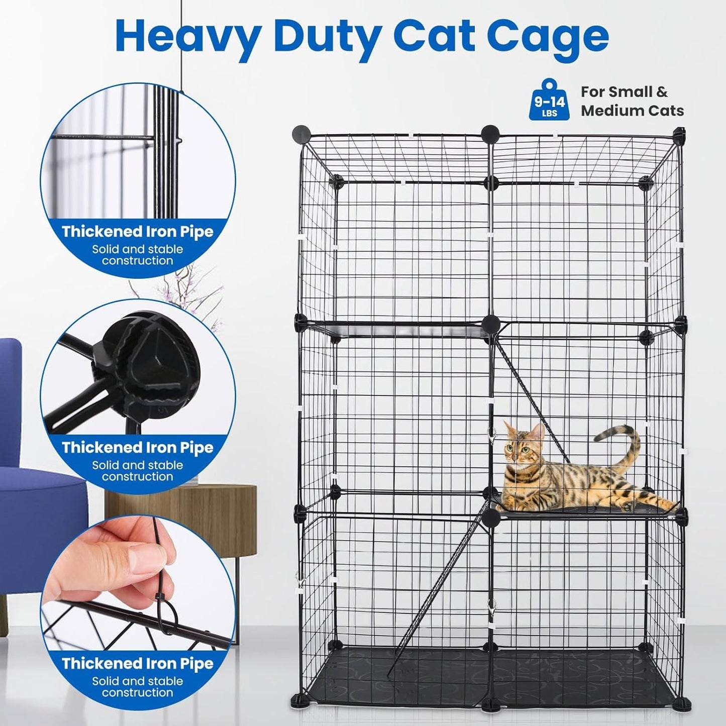 3 Tier Cat Playpen Cage, Metal Detachable DIY Indoor Cat Enclosures Kitten House Large Exercise Place Kitten Crate with 3 Doors 2 Ladders for 1-2 Cats
