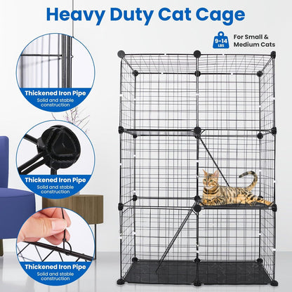 3 Tier Cat Playpen Cage, Metal Detachable DIY Indoor Cat Enclosures Kitten House Large Exercise Place Kitten Crate with 3 Doors 2 Ladders for 1-2 Cats