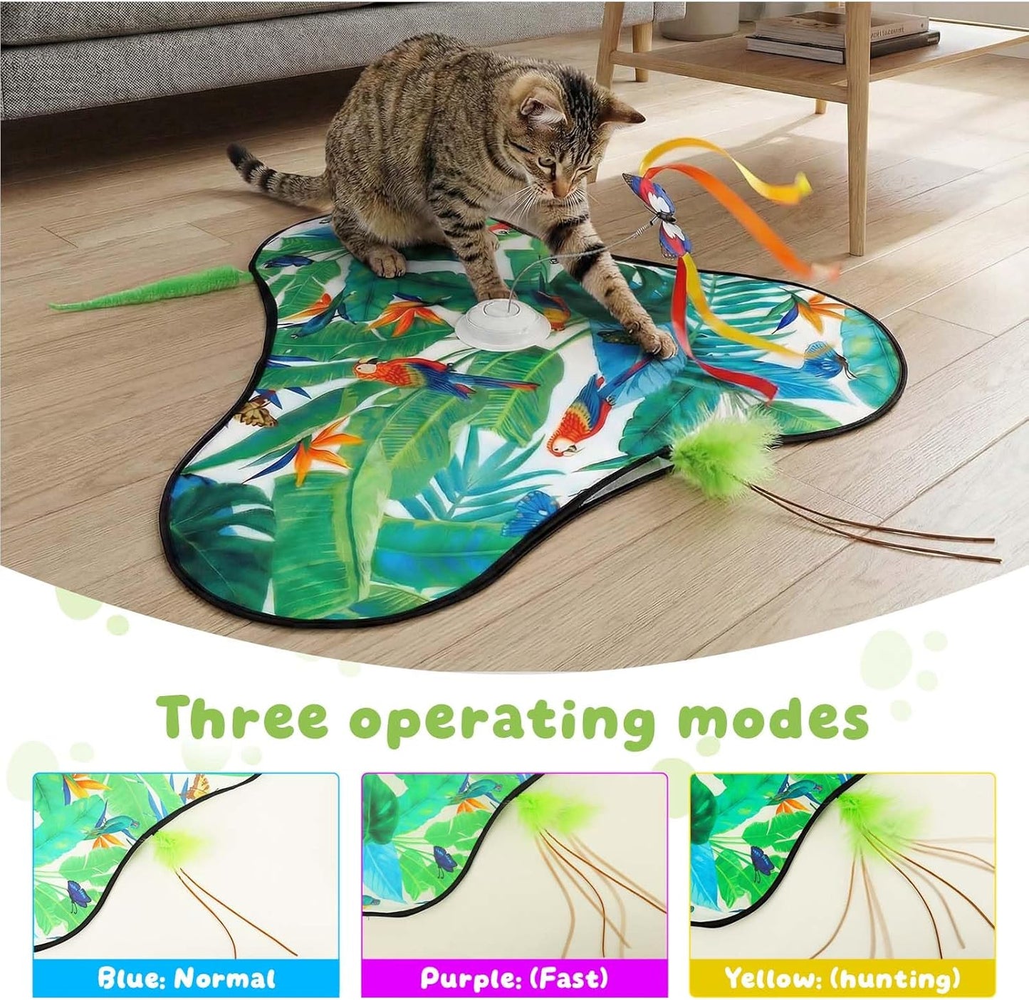 Interactive Cat Toys Rechargeable,Moving Concealed Feathers,Real Mouse Squeaky,Touch Activated Cat Kitten Toy Exercise Toys for Indoor Bored Adult Cats (Green)