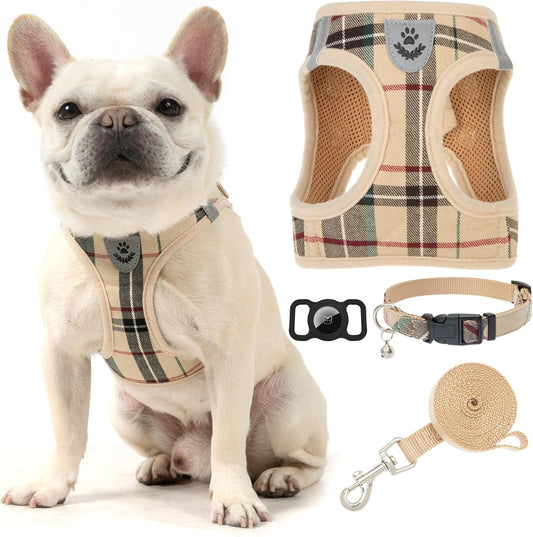 EXPAWLORER Plaid Small Dog Harness and Leash Set with AirTag Holder - Soft Padded Step in Dog Vest Harness Medium Sized Dog, No Pull Reflective Puppy Harness, Collar and Leash for Walking, Khaki XS