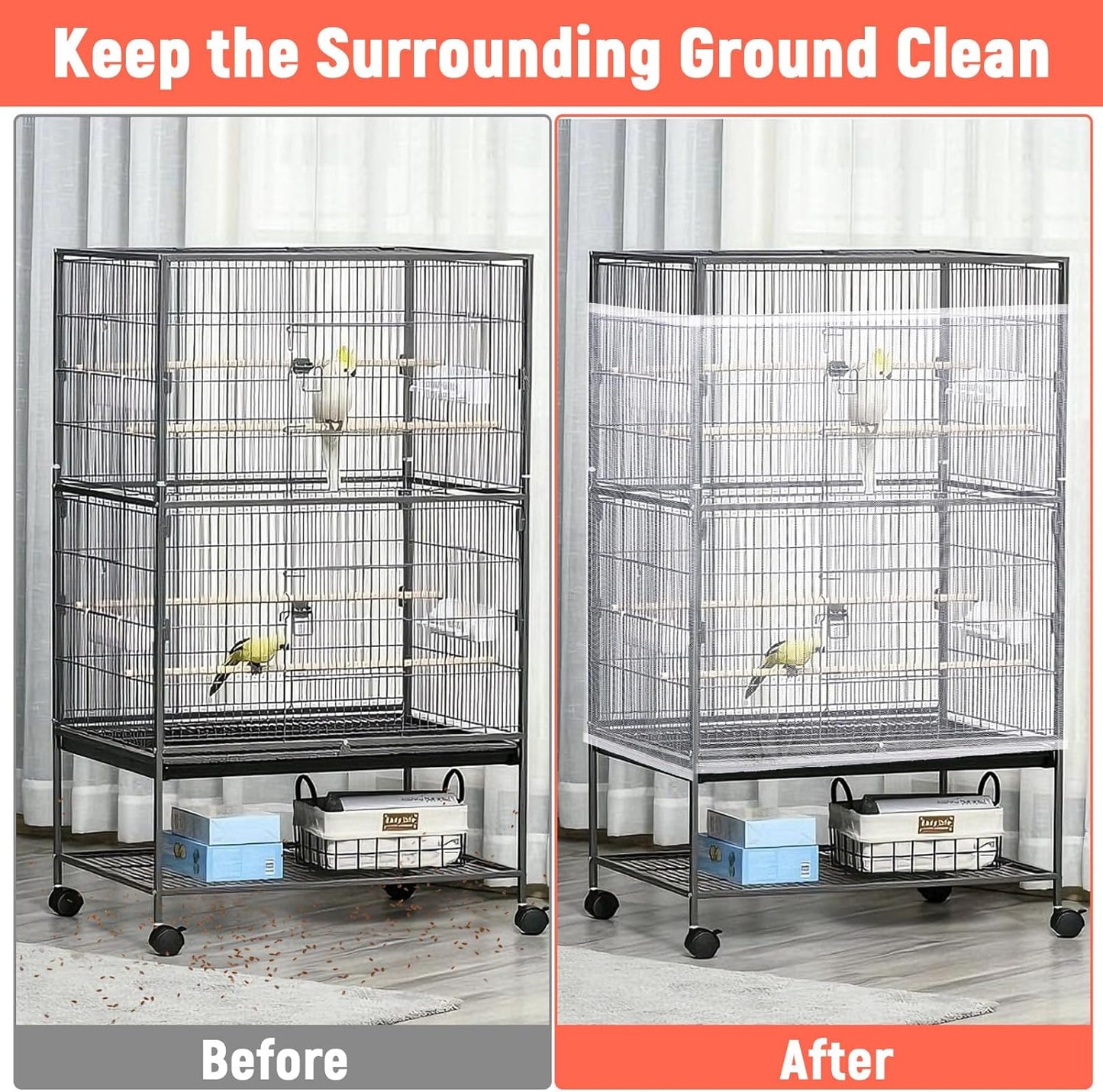 Large Bird Cage Cover Net, Adjustable Bird Cage Cover Net White Birdcage Nylon Mesh Nets Soft Airy Skirt Guard for Parrot Cages(118 x 32 Inch, White)