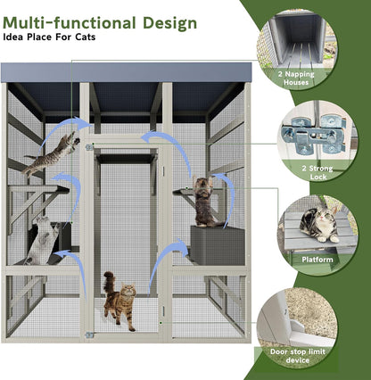 KEIKI 62.6" Outdoor Wooden Catio for Cats, Large Cat Shelter Enclosure with Platforms, Cat Houses with Secure Rust-Proof Wire and Upgrade, Waterproof CoverPet Cage for Patio or Backyard