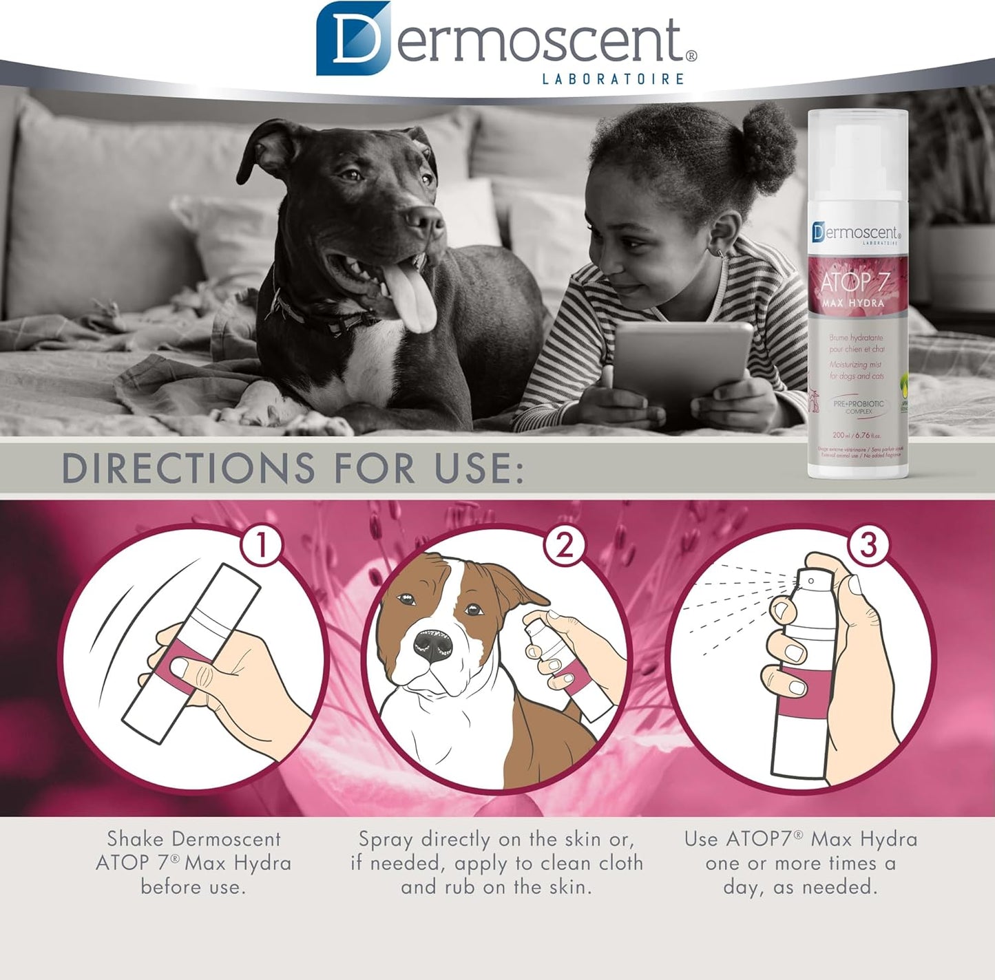 Dermoscent ATOP 7 Max Hydra Spray for Pets | Natural Hydrating Mist with Pre & Probiotic Complex for Dry, Allergy & Atopy-Prone Skin Relieves Skin Dryness & Protects Cutaneous Barrier Non-Greasy