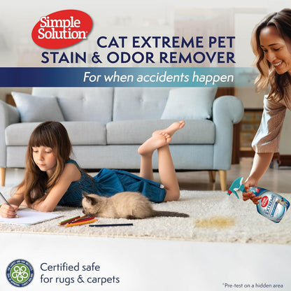Simple Solution Extreme Cat Stain Eliminator for Strong Odor, Pet Odor Eliminator for Home, Stain Remover for Cats, Kitten Essentials, Floor Cleaner, Urine Destroyer, Carpet Cleaner Spray, 32oz