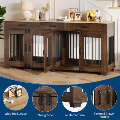 Modern Double Dog Crate Furniture – 71" Indoor Kennel with Divider & 3 Storage Drawers, Heavy Duty Pet Bed & Multi-Functional TV Stand End Table for Medium to Large Breeds – Color: Vieira oak veneer +