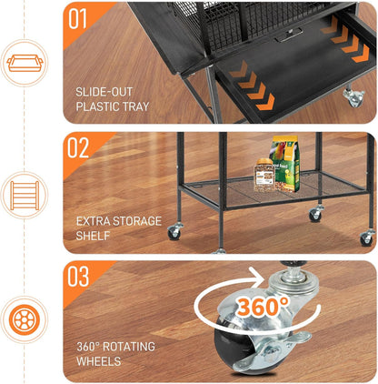 Large Wrought Iron Rolling Bird Cage with Interactive Play Top and Stand for Parrots, Cockatiels, Lovebirds and Medium-Sized Birds
