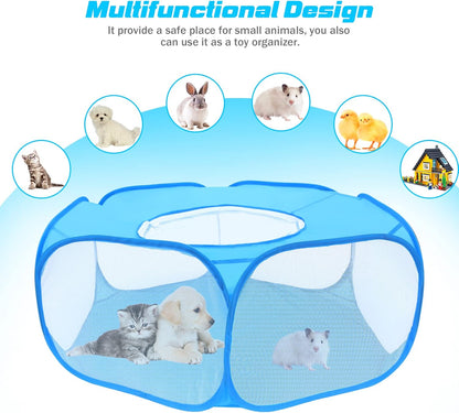 Small Animal Playpens with Top Cover, Foldable Breathable Small Pets Cage Tent Outdoor Indoor Portable Play Pen for Guinea Pig Hedgehog Hamster Cat Rabbit Bunny Puppy Ferret Rat Chicks (Blue)