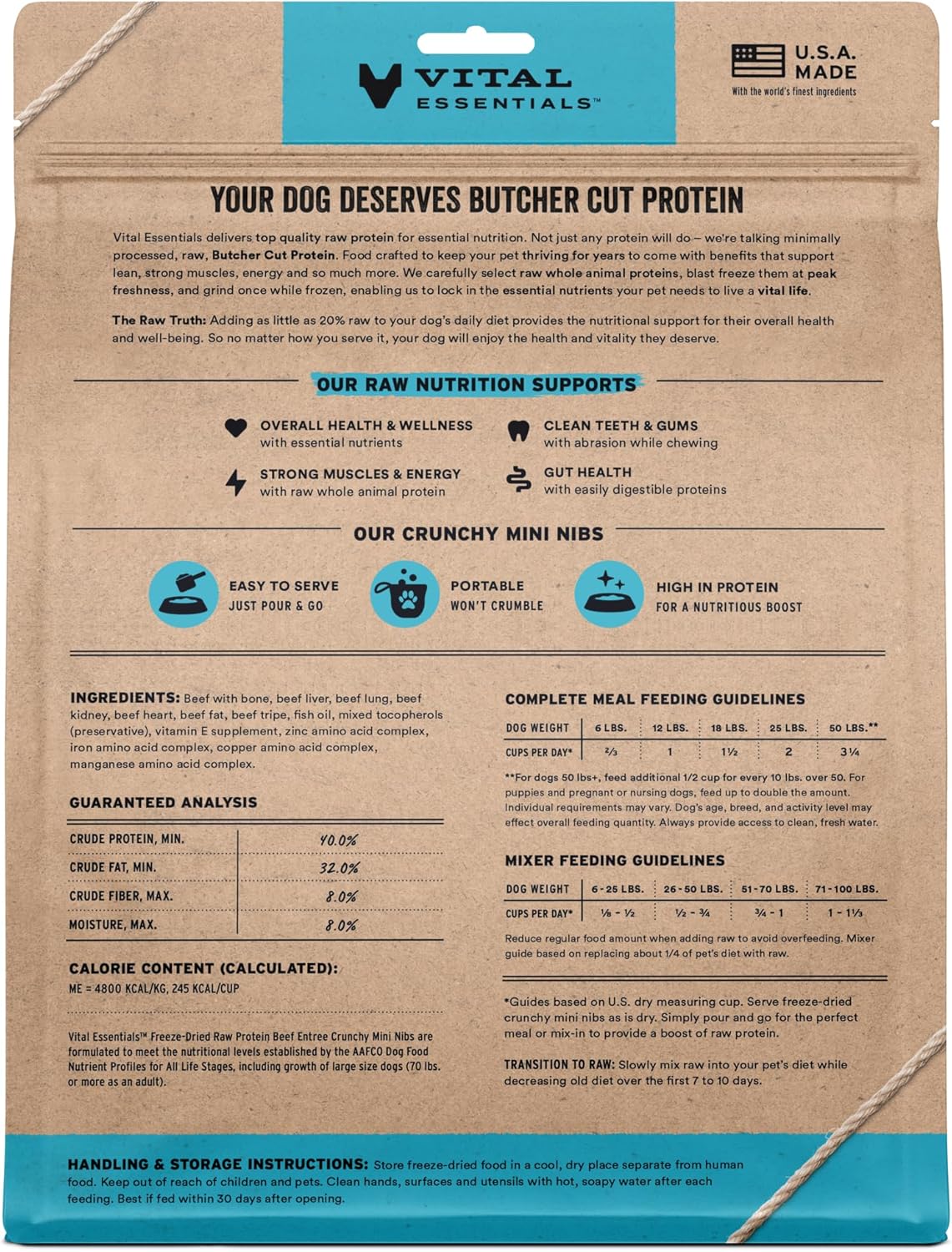 Vital Essentials Freeze-Dried Raw Beef Crunchy Mini Nibs | Complete Meal or Mixer Dog Food | 25 oz